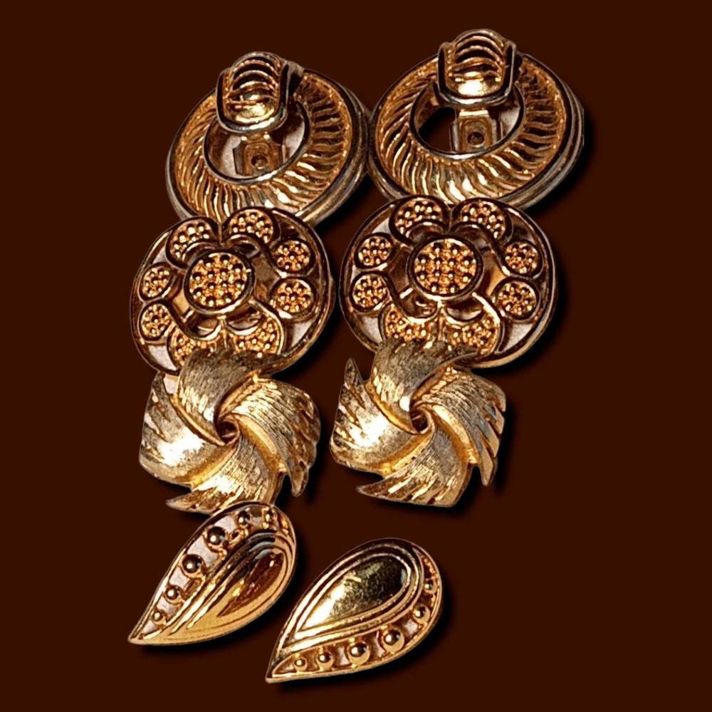 Vintage 80s Chunky Statement Goldtone Clip-on Earrings Bundle Monet et al. - Picture 2 of 6